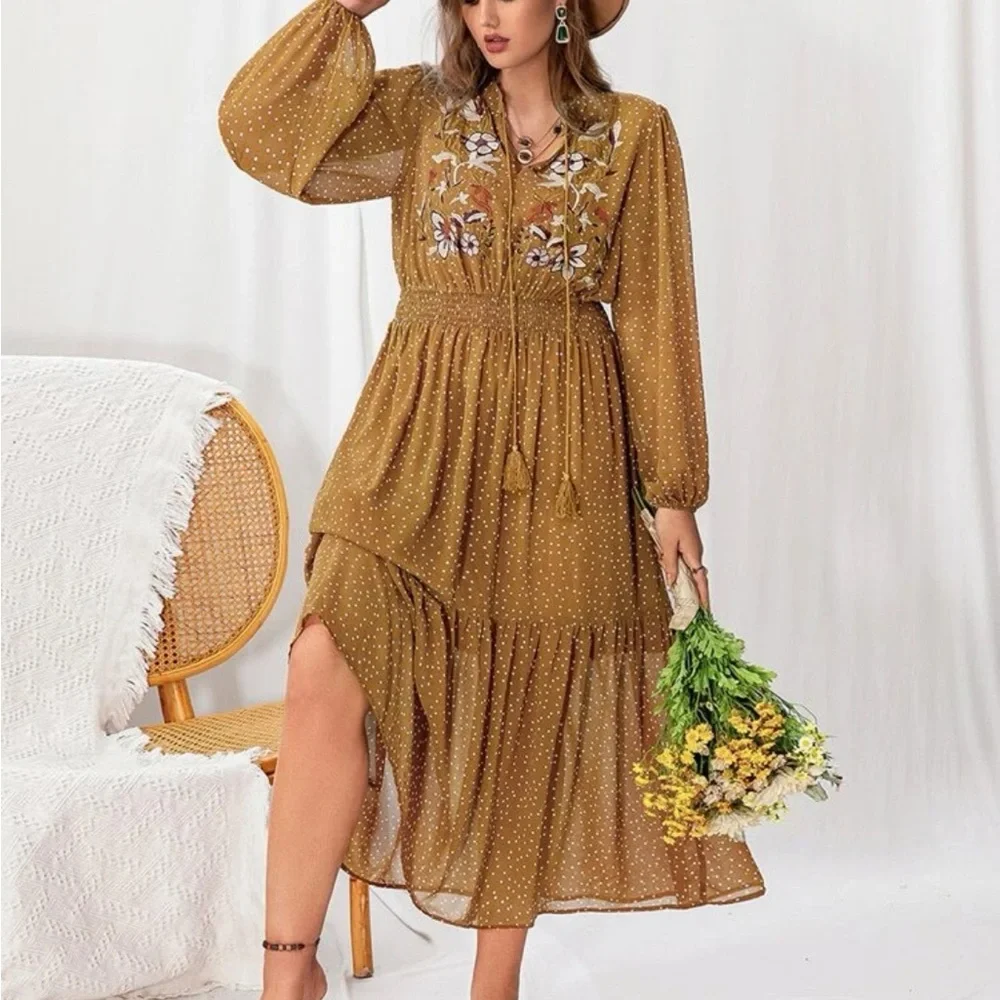 Boho Plus Size Embroidery Ruffle Hem Dress Without Belt Yellow Mustard - Picture 3 of 5